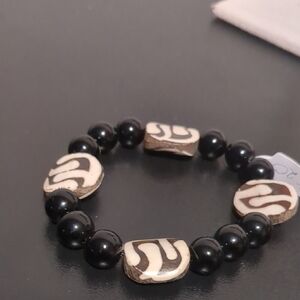 Black Beads And Brown and Cream Hand Unique Patterned Accents Bracelet Size 8
